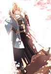  alternate_hairstyle blonde_hair blue_eyes clenched_hand cosplay dutch_angle hair_over_shoulder hakama hand_on_hip haori high_ponytail japanese_clothes long_hair male_focus midare_toushirou ponytail sandals scarf shinsengumi smile tabi touken_ranbu ui_(majiwi) yamato-no-kami_yasusada yamato-no-kami_yasusada_(cosplay) 