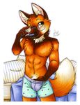  2017 anthro bed boxers_(clothing) brown_eyes canine clothed clothing eyewear glasses male mammal maned_wolf michele_light pillow solo topless underwear 