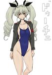  anchovy anzio_military_uniform bangs black_ribbon breasts cleavage closed_mouth collarbone competition_swimsuit dated drill_hair girls_und_panzer green_hair grey_jacket hair_ribbon highleg highleg_swimsuit jacket long_hair long_sleeves looking_at_viewer medium_breasts military military_uniform one-piece_swimsuit open_clothes open_jacket red_eyes ribbon simple_background smile solo standing standing_on_one_leg swimsuit translated twin_drills twintails uniform white_background yasumon 