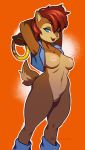  2019 absurd_res anthro blue_eyes boots bottomless brown_fur chipmunk clothed clothing countershade_torso countershading female footwear fur ground_squirrel hair hands_behind_head hi_res holding_object ineffective_clothing looking_at_viewer mammal navel open_mouth open_smile open_vest orange_background pinup pose pussy red_hair ring rodent sally_acorn sciurid short_hair simple_background smile solo sonic_(series) succu-pie vest 
