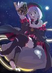  arm_support bare_shoulders belt black_legwear blush book brown_eyes crossed_legs fate/grand_order fate_(series) flat_chest hat helena_blavatsky_(fate/grand_order) holding holding_book looking_at_viewer moon night off_shoulder open_mouth purple_hair short_hair sitting sky smile solo star_(sky) starry_sky strapless thighhighs tsuru_(clainman) ufo 