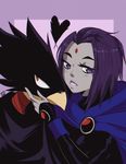  1girl alex_cook animal_head boku_no_hero_academia cape crossover dc_comics feathers forehead_jewel grey_skin highres leotard purple_eyes purple_hair raven_(dc) red_eyes short_hair teen_titans tokoyami_fumikage 