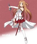  :d asuna_(sao) breastplate brown_eyes brown_hair character_name floating_hair holding holding_sword holding_weapon leg_up long_hair miniskirt one_side_up open_mouth pleated_skirt red_skirt saitoyu00 sheath skirt smile solo sword sword_art_online thighhighs very_long_hair weapon white_legwear 