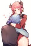  1girl :x annoyed blue_hair breasts drang_(granblue_fantasy) earrings eno_yukimi granblue_fantasy heart horns hug jewelry long_hair medium_breasts pointy_ears red_eyes red_hair short_hair simple_background sturm_(granblue_fantasy) thick_thighs thighs white_background 