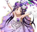  armpits arms_up black_hair breasts collarbone dress floating_hair flower gloves hair_flower hair_ornament head_wreath long_hair looking_at_viewer official_art pointy_ears purple_flower red_eyes sleeveless sleeveless_dress small_breasts smile solo strapless strapless_dress sword_art_online sword_art_online:_code_register transparent_background very_long_hair white_flower white_gloves yuuki_(sao) 