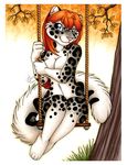  2017 anthro blue_eyes breasts cayenne_(michele_light) cleavage clothed clothing feline female hair leopard mammal michele_light nude red_hair snow_leopard solo swing tree 