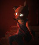  2017 anthro bag canine clothed clothing disney duffel_bag fox green_eyes hi_res male mammal nick_wilde shirt sitting solo sprinkah stairs tank_top zootopia 