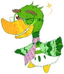  2017 animate_inanimate avian beak biped bird brown_eyebrows brown_eyes digital_drawing_(artwork) digital_media_(artwork) duck eyebrows eyewear feather_tuft feathers featureless_feet feral fluffy front_view full-length_portrait glasses green_feathers green_markings green_stripes head_tuft lizziferart long_neck looking_away looking_up low_res male markings multicolored_beak multicolored_feathers necktie nude on_one_leg one_eye_closed orange_beak orange_markings pi&ntilde;ata portrait pose quackberry quincy_quackberry simple_background smile solo standing star stripes tail_feathers tail_tuft thick_eyebrows tuft video_games viva_pinata white_background white_feathers white_stripes wink yellow_beak yellow_skin 