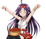  ahoge armpits arms_up black_legwear blush bracelet closed_eyes floating_hair food fruit grin hairband jewelry long_hair miniskirt neck_ribbon official_art outstretched_arms pointy_ears purple_hair red_hairband red_ribbon red_skirt ribbon shiny shiny_skin shirt sitting skirt sleeveless smile solo strawberry sword_art_online sword_art_online:_code_register thighhighs transparent_background very_long_hair white_shirt yuuki_(sao) zettai_ryouiki 