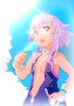  bangle blue_sky bracelet choker cloud cloudy_sky d-pad d-pad_hair_ornament day food hair_ornament hand_on_hip highres jacket jewelry looking_at_viewer navel neptune_(choujigen_game_neptune) neptune_(series) no_bra open_clothes open_jacket outdoors popsicle purple_eyes purple_hair segamark short_hair sky solo 
