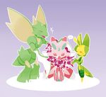  blush closed_eyes dino_(tdino) gen_1_pokemon gen_5_pokemon gen_7_pokemon holding leavanny lei lurantis no_humans orchid orchid_mantis pink_wings pokemon pokemon_(creature) purple_background scythe scyther wings yellow_wings 