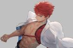  cape emiya_shirou fate/grand_order fate/stay_night fate_(series) highres jacket_on_shoulders kouzuki_kei limited/zero_over magic_circuit male_focus muscle red_eyes scar solo yellow_eyes 
