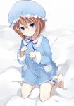  blanc blancpig_yryr blue_eyes blush brown_hair hat highres kneeling looking_at_viewer neptune_(series) pajamas ribbon short_hair solo white_background 