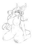  2014 absurd_res anthro antlers areola big_breasts breasts female hair hi_res horn hybrid kneeling monochrome nipples nude pussy scales simple_background solo yus-ts 