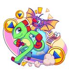  2015 ambiguous_gender animate_inanimate anthro bat bat_wings blue_eyes chameleon crankyconstruct duo_focus fangs featureless_crotch green_eyes group hi_res laylee lizard mammal membranous_wings nude open_mouth open_smile reptile scalie simple_background smile white_background wings yooka yooka-laylee 