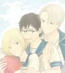  ^_^ black_hair blonde_hair blue-framed_eyewear blue_eyes boy_sandwich closed_eyes glasses green_eyes hug hug_from_behind katsuki_yuuri male_focus multiple_boys nita_(msre27) open_mouth sailor sandwiched silver_hair smile viktor_nikiforov yuri!!!_on_ice yuri_plisetsky 