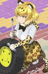  animal_ears blonde_hair blush bow bowtie elbow_gloves fur_collar gloves highres holding ichinose_rokujou jaguar_(kemono_friends) jaguar_ears jaguar_print jaguar_tail kemono_friends looking_to_the_side shirt short_hair short_sleeves skirt solo squatting tail tire wrench yellow_eyes 