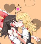  arm_grab assertive black_hair blonde_hair blush bow brown_hair closed_eyes commentary detached_sleeves forceful_kiss grabbing hair_bow hair_tubes hakurei_reimu heart kirisame_marisa kiss long_hair marikichi_aniki multiple_girls red_eyes spoken_heart surprise_kiss surprised sweat touhou vest yuri 