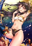  armpits asymmetrical_legwear asymmetrical_sleeves bad_proportions bare_shoulders black_hair black_panties breasts commentary earrings elbow_gloves fate/grand_order fate_(series) gloves hair_ribbon highres hoop_earrings ishtar_(fate/grand_order) jewelry keita_(tundereyuina) long_hair long_legs looking_at_viewer navel panties red_eyes ribbon single_elbow_glove single_thighhigh small_breasts smile solo thighhighs two_side_up underwear weapon 