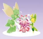  antennae blush dino_(tdino) eyes_closed holding leavanny lei lowres lurantis no_humans orchid orchid_mantis pink_wings pokemon pokemon_(creature) pokemon_(game) pokemon_bw pokemon_rgby pokemon_sm purple_background scythe scyther wings yellow_wings 