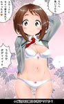  1girl blush boku_no_hero_academia bra breasts brown_hair cleavage looking_at_viewer navel panties school_uniform shiny_skin solo speech_bubble stomach text translation_request uraraka_ochako zebrablack 