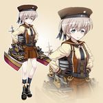  alternate_costume beige_background boots commentary_request hands_on_hips hat kantai_collection looking_at_viewer machinery pleated_skirt sailor_hat short_hair silver_eyes silver_hair simple_background skirt smile solo steampunk tk8d32 turret z1_leberecht_maass_(kantai_collection) zoom_layer 