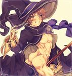  ass brown_eyes brown_hair cape cowboy_shot gloves gran_(granblue_fantasy) granblue_fantasy hat heart heart-shaped_pupils highres male_focus megashi_(anko_mugen) nipples simple_background smile solo staff sweat symbol-shaped_pupils twisted_torso warlock_(granblue_fantasy) white_background witch_hat 