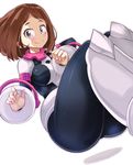  belt blush bodysuit boku_no_hero_academia boots breasts brown_eyes brown_hair choker dark_fuu floating_hair highres medium_breasts short_eyebrows short_hair simple_background smile solo thick_thighs thighs uraraka_ochako utility_belt white_background 