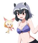  animal_ears bangs black_skirt blonde_hair blood blue_bra blush bow bow_bra bra breasts commentary_request common_raccoon_(kemono_friends) eyebrows_visible_through_hair fennec_(kemono_friends) fox_ears fox_tail hayashiya_zankurou highres kemono_friends long_hair looking_at_viewer medium_breasts motion_lines multicolored_hair multiple_girls nosebleed open_mouth panties pleated_skirt raccoon_ears short_hair simple_background skirt small_breasts smile tail thighhighs underwear white_background 
