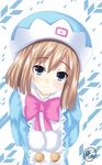  1girl blue_eyes blush brown_hair closed_mouth hat helvetica_5tandard highres jacket loli looking_at_viewer neptune_(series) ribbon rom_(choujigen_game_neptune) short_hair smile upper_body 