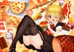  ;d ascot baguette black_legwear black_skirt blonde_hair bread cake candy chocolate chocolate_bar chocolate_cake commentary_request cookie fang food french_fries garter_straps hair_ribbon hamburger holding holding_food ice_cream ice_cream_cone knees_up lollipop looking_back meat omelet one_eye_closed open_mouth pizza plate red_eyes red_ribbon ribbon rumia shirt short_hair skewer skirt skirt_set sleeves_rolled_up slice_of_cake smile solo sushi thighhighs tomato touhou wing_collar z.o.b 