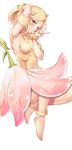  absurdres ankle_scrunchie arm_up armpits bad_revision bare_legs bare_shoulders barefoot blonde_hair blush breasts commentary downscaled_revision eyebrows_visible_through_hair flower folded_ponytail frilled_armband full_body green_eyes hair_flower hair_ornament highres leotard looking_at_viewer md5_mismatch medium_breasts original parted_lips scrunchie simple_background solo suigetsu_(hjs1106) transparent v white_background wrist_scrunchie yellow_leotard 