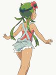  apron ass back bare_shoulders blush_stickers bow dark_skin flower from_behind green_eyes green_hair hair_flower hair_ornament highres legs long_hair mao_(pokemon) om_(nk2007) outstretched_arms overalls pink_shirt pokemon pokemon_(game) pokemon_sm shiny shiny_skin shirt sleeveless smile solo spread_arms trial_captain twintails walking 