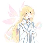  1girl blonde_hair blue_eyes blush capelet collet_brunel dress gloves jewelry long_hair open_mouth tales_of_(series) tales_of_symphonia wings 