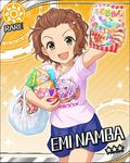  blush brown_eyes brown_hair card_(medium) character_name food happy idolmaster idolmaster_cinderella_girls namba_emi package shirt short_hair shorts snacks stars 