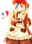  beret blonde_hair blue_eyes blue_hair bowl brown_scarf chocolate commandant_teste_(kantai_collection) dress french_flag hat highres kantai_collection long_hair looking_at_viewer mingling multicolored_hair open_mouth plaid plaid_scarf red_dress red_hair red_hat scarf solo streaked_hair twitter_username white_hair 