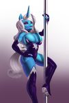  2014 absurd_res anthro anthrofied armwear big_breasts breasts cleavage clothed clothing cutie_mark dancing dclzexon elbow_gloves equine eyelashes eyeshadow female friendship_is_magic gloves hair hi_res horn long_hair makeup mammal my_little_pony pole pole_dancing solo trixie_(mlp) unicorn white_hair 
