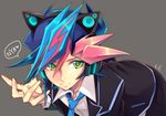  akisaki all_fours animal_ears axent_wear blazer blue_hair cat_ear_headphones cat_ears fake_animal_ears fujiki_yuusaku grey_background headphones jacket male_focus multicolored_hair school_uniform simple_background solo yuu-gi-ou yuu-gi-ou_vrains 