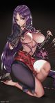  arrow banned_artist breasts fate/grand_order fate_(series) finger_to_mouth kneeling long_hair looking_at_viewer medium_breasts minamoto_no_raikou_(fate/grand_order) purple_hair shushing solo thick_thighs thighs very_long_hair viola_(seed) wide_hips 