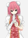  bandaged_arm bandages bun_cover chinese_clothes commentary_request condom double_bun eyebrows eyebrows_visible_through_hair finger_to_chin flower hair_between_eyes hair_ornament hair_rings hair_stick highres holding holding_condom ibaraki_kasen pink_eyes pink_flower pink_hair pink_rose puffy_short_sleeves puffy_sleeves rose short_hair short_sleeves solo sweatdrop tabard touhou to~fuya 