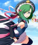  adapted_costume asymmetrical_hair black_legwear blue_eyes bow cloud commentary_request day detached_sleeves epaulettes green_hair hair_bow hat hat_ribbon highres magical_girl mono_(mono60) pink_bow pink_ribbon ribbon shiki_eiki skirt sky solo staff thighhighs touhou zettai_ryouiki 