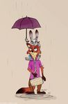 2017 :3 anthro aronaut barefoot blush canine carrying clothed clothing dipstick_tail disney duo eyelashes fanfic_art female fox fur grey_fur happy hi_res holding_object inner_ear_fluff judy_hopps lagomorph male mammal multicolored_fur multicolored_tail necktie nick_wilde on_shoulders orange_fur rabbit raining signature simple_background smile standing suitcase umbrella url zootopia 