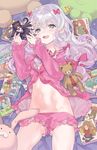  bangs banned_artist blue_eyes bow eromanga_sensei figure gokou_ruri hair_bow izumi_sagiri kissai long_hair low-tied_long_hair midriff open_mouth ore_no_imouto_ga_konna_ni_kawaii_wake_ga_nai pajamas panties pink_bow pink_shorts shorts silver_hair solo stuffed_animal stuffed_octopus stuffed_toy underwear white_hair white_panties 