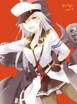  2017 belt black_gloves black_skirt breasts cowboy_shot dated gangut_(kantai_collection) gloves hat jacket kantai_collection large_breasts long_hair long_sleeves looking_at_viewer machinery military military_uniform miniskirt pantyhose peaked_cap pleated_skirt red_eyes silver_hair skirt solo twitter_username uniform yanage_(yanagikai) 