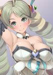  ahoge alfort_(may0508) armpits between_breasts blush breasts choker cleavage de_la_fille dress drill_hair gloves granblue_fantasy green_eyes green_hair hair_ornament highres large_breasts long_hair looking_at_viewer poker_chip smile solo twin_drills twintails upper_body white_gloves 