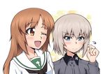  alternate_hair_length alternate_hairstyle blue_eyes blush brown_eyes brown_hair girls_und_panzer grey_hair hairstyle_switch heiden highres holding holding_hair itsumi_erika kuromorimine_school_uniform long_hair multiple_girls nishizumi_miho one_eye_closed ooarai_school_uniform short_hair sweatdrop 