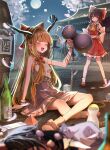  3girls ascot ball_and_chain_restraint blonde_hair blurry blush bottle bow bowtie breasts brown_hair brown_horns cherry_blossoms closed_eyes commentary_request depth_of_field detached_sleeves falling_petals frilled_bow frilled_hair_tubes frilled_skirt frills full_moon gourd hair_bow hair_tubes hakurei_reimu hat hegata_(hegatia_lapis) highres holding holding_gourd horn_ornament horn_ribbon horns ibuki_suika long_hair moon multiple_girls night oni open_mouth outdoors petals pom_pom_(clothes) purple_skirt red_bow red_bowtie red_eyes red_hat red_shoes red_skirt ribbon ribbon-trimmed_skirt ribbon-trimmed_sleeves ribbon_trim sake_bottle shameimaru_aya shirt shoes sitting skirt skirt_set small_breasts smile socks tokin_hat tokkuri touhou translation_request very_long_hair white_shirt white_socks yellow_ascot 