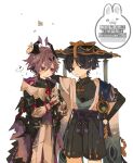  2boys ? absurdres aqua_gem arm_up belt black_belt black_bodysuit black_bow black_bridal_gauntlets black_coat black_eyes black_hair black_shirt black_shorts black_tail blue_cape blue_hat blue_jingasa blue_kimono blue_sleeves blunt_ends blush bodysuit bow bridal_gauntlets bright_pupils cape chest_jewel clenched_hand closed_mouth coat colored_eyelashes commentary_request contrast_collar covered_collarbone crossed_bangs dragon_horns dragon_tail durin_(genshin_impact) eyeliner falling_flower feathers flower furisode gem genshin_impact gloves gold gold_ring hair_between_eyes hakama hakama_shorts hands_up hat highres holding holding_flower horns japanese_clothes jingasa juban kimono layered_sleeves low_wings makeup mandarin_collar middle_ring minonome1206 multiple_boys open_clothes open_coat open_collar open_kimono pants parted_bangs parted_lips pleated_shorts pom_pom_(clothes) purple_hair purple_horns purple_rope purple_sash purple_vest purple_wings red_eyeliner red_eyes red_gem rope sash scaramouche_(genshin_impact) shirt short_sleeves shorts shoulder_peek side_cape smile spoken_question_mark tail tassel tsurime twitter_username undershirt vest vision_(genshin_impact) wanderer_(genshin_impact) watermark white_background white_flower white_gloves white_kimono white_mouth white_pants white_pupils white_sleeves white_trim wings yellow_feathers 