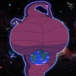  2026 ambiguous_gender anthro apode belly big_belly draconcopode earth hi_res huge_belly legless macro naga object_vore oral_vore overweight planet purple_arms purple_body rumbling_stomach serpentine solo space vore watermark yauhasart 