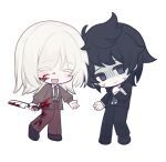  2boys :d akinashi_haru black_hair black_suit blood blood_on_clothes blood_on_face blood_on_knife blue_necktie brown_cardigan brown_necktie brown_pants cardigan chibi chibi_only closed_eyes collared_shirt dress_shirt full_body gloom_(expression) highres holding holding_knife jinyooo knife medium_hair multiple_boys necktie pants saihate_eki shirt simple_background smile standing suit sweat tatsunami_shion white_background white_hair 